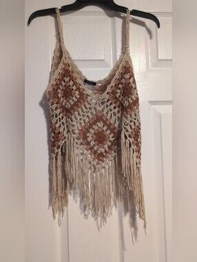 Vivid Crochet Granny Square Boho Fringe Camisole Halter Tank Top